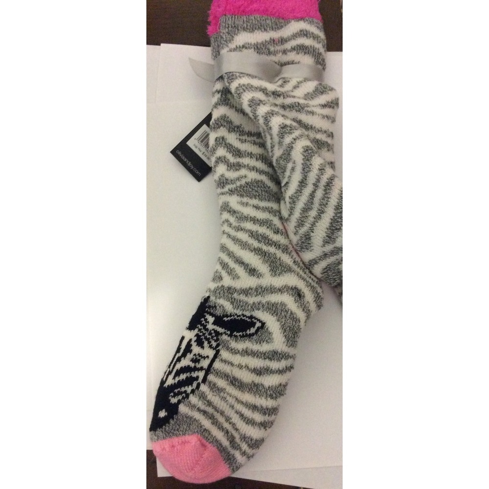 Olivia + Joy Womens OS Fuzzy‎ Socks Slippers Grey Zebra Print Pink Accents New